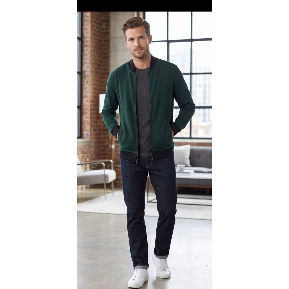 Men's Zip Front Mock Neck Sweater Cotton Green Sz Medium Preppy Cuffed